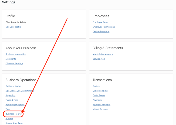 Clover New Settings Page Business Hours